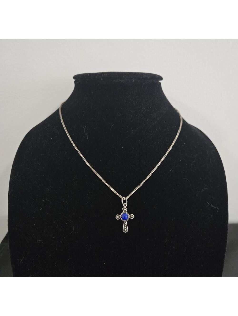 Vintage Sterling Silver Lapis Cross Necklace Blue Stone Pendant Ornate 925 Chain